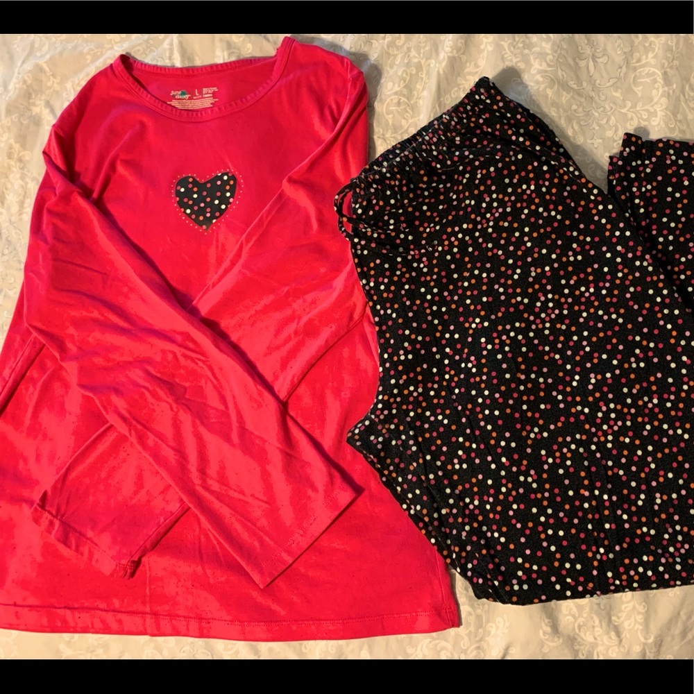 Fun polka dot comfy pajamas with a super cute heart on the shirt!